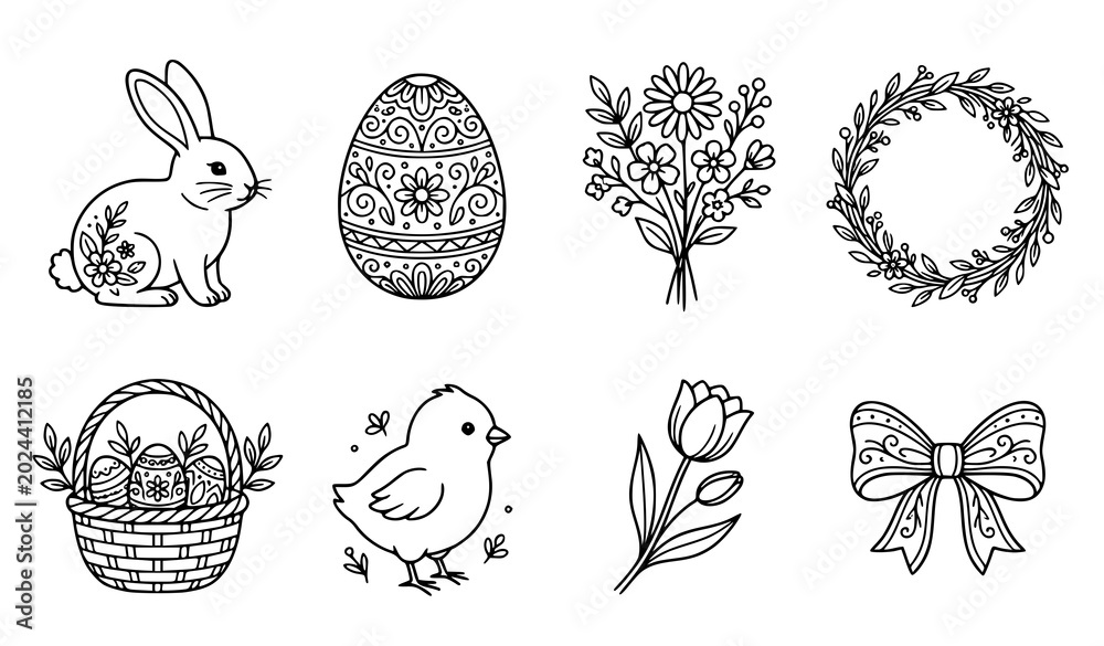 Fototapeta premium Easter outline vector collection with bunny eggs flowers wreath and spring holiday decorative icons