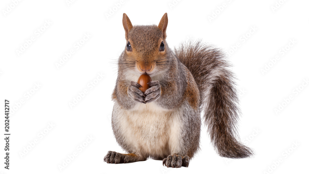 Fototapeta premium Eastern gray squirrel holding an acorn, isolated on transparent background