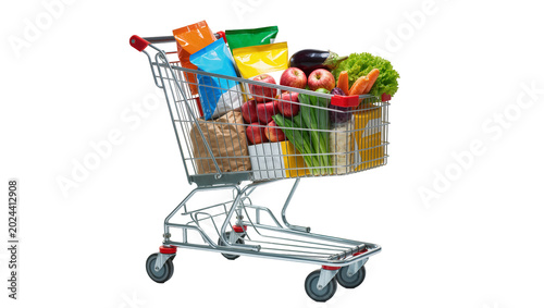 Tableau sur toile Full grocery shopping cart with produce and packaged goods, isolated on transpar
