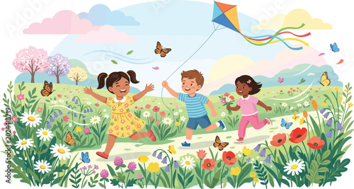 Foto Happy diverse children running in blooming spring flower meadow flying a colorfu
