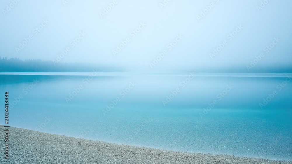 Obraz premium Misty Turquoise Quiet Inland Lake Shallow Shore, Secluded Fresh Niche Widescreen Landscape