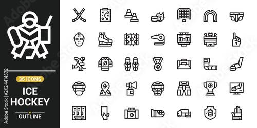 Ice hockey icon set vector line style illustration featuring hockey sticks puck skates helmet and rink symbols for sports apps web design UI UX presentations and infographics packs