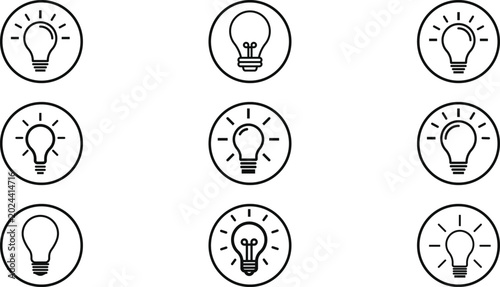 Glowing light bulb line icon set vector illustration featuring idea innovation creativity symbols energy concept lamps outline icons for brainstorming business and education design