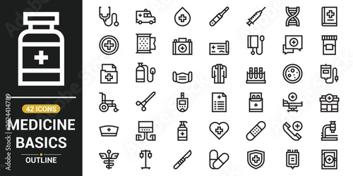 Medical essentials icon set vector line style illustration featuring healthcare symbols medicine tools hospital care equipment doctor therapy and treatment concepts for UI design