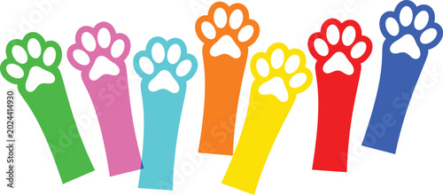 Colorful paw print collection vector illustration featuring vibrant animal tracks set in multiple hues playful pet footprint icons for veterinary pet care branding and animal designs