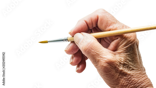 Canvastavla Elderly hand holding a fine-tipped paintbrush with golden bristles, isolated on