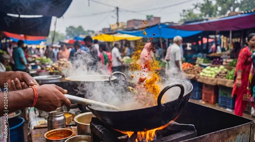 Fototapeta Dramatic Explosion - Indian street food vendor cooks with his hands in a wok.