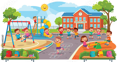 Bild auf Leinwand Happy cartoon elementary school children playing together in playground yard dur