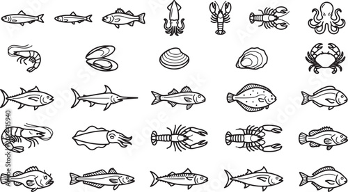 Photos Black and white seafood illustration collection