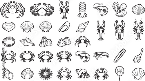 Schilderij op canvas Line drawing set of seafood and crustaceans