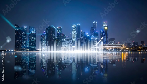 A city skyline at night with a body of water