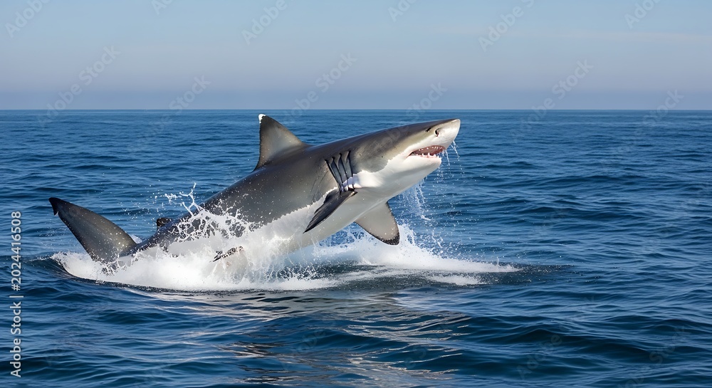 Fototapeta premium Great white shark breaches ocean surface displaying powerful aquatic behavior