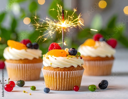 A close-up of cupcakes with white frosting and fruits with a sparkler