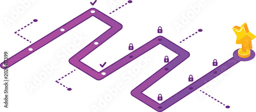 Isometric Gamification Roadmap Vector with Progress Milestones Level Locks and Golden Trophy Star for Business Milestones Career Growth and App Progression