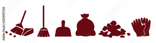 Schilderij op canvas Cleaning service icons in dark red silhouette style, housekeeping equipment set