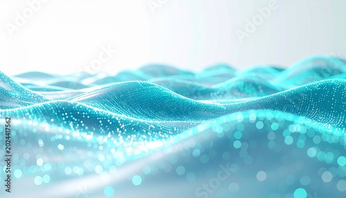 Minimalist abstract technology background with a soft flow of glowing cyan particles on a pristine white canvas.
