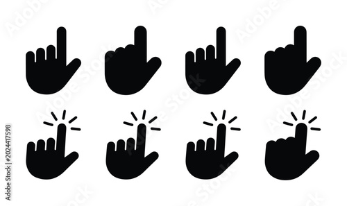 Fotografía Minimalist hand cursor icon set, black silhouette pointing finger symbols, 8 vec