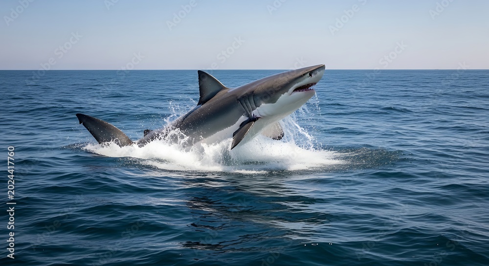 Fototapeta premium Great white shark breaching ocean surface with powerful motion under blue sky