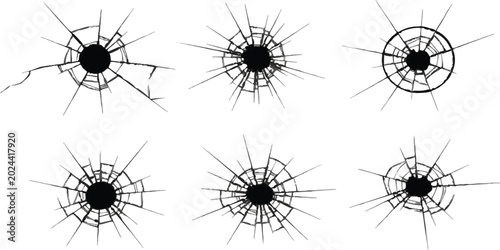 Obraz na płótnie Set of six broken glass bullet hole cracks and shattering patterns isolated on b
