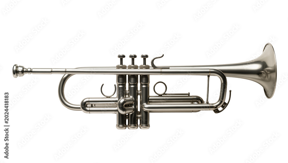 Obraz premium Shiny silver trumpet with three valves, isolated on transparent background