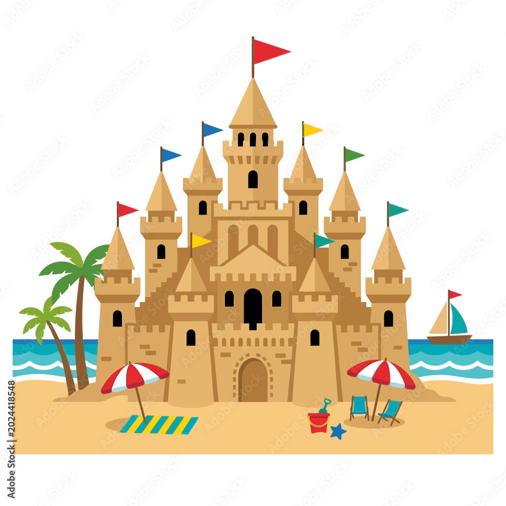 Fototapeta premium Majestic Sandcastle on a Sunny Tropical Beach with Vacation Elements