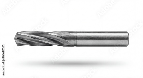Spiral metal reamer cutting tool floating on white background