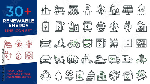 A comprehensive vector icon collection illustrating sustainable and eco-friendly technologies for future power generation and environmental conservation