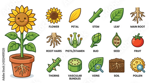 Illustration showcasing the different parts of a sunflower and plant anatomy