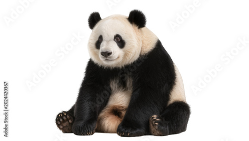 Photos Fluffy giant panda bear sitting peacefully, isolated on transparent background