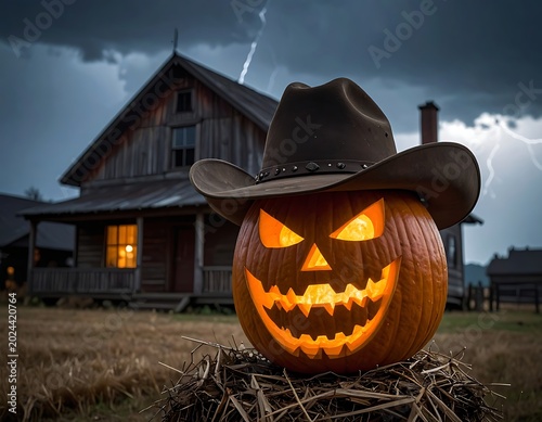 A jack-o-lantern wearing a cowboy hat sits on hay