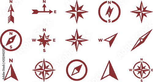 Vintage compass rose icons, set of 15 nautical wind rose symbols, antique map navigation elements, brown cardinal direction pointers for cartography isolated on White Background