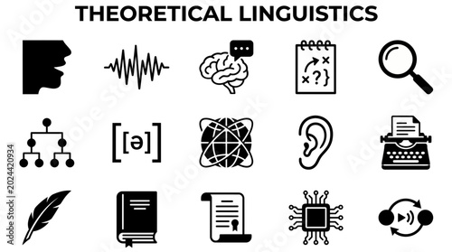 Cuadro en lienzo Collection of icons representing various aspects of theoretical linguistics, including phonetics, syntax, semantics, and research