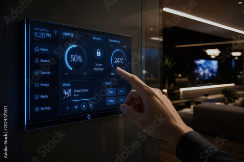 Human Hand Using Advanced Smart Home Touchscreen with Holographic UI