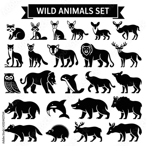 Photography Vector of a diverse set of wild animals in a silhouette style