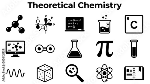 Cuadro en lienzo A collection of black and white icons representing various concepts in theoretical chemistry, including molecules, orbitals, equations, lab equipment, and scientific symbols