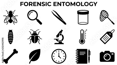 Tablou pe pânză Black and white icons illustrating tools and subjects used in forensic entomology, including insects, lab equipment, and evidence collection items