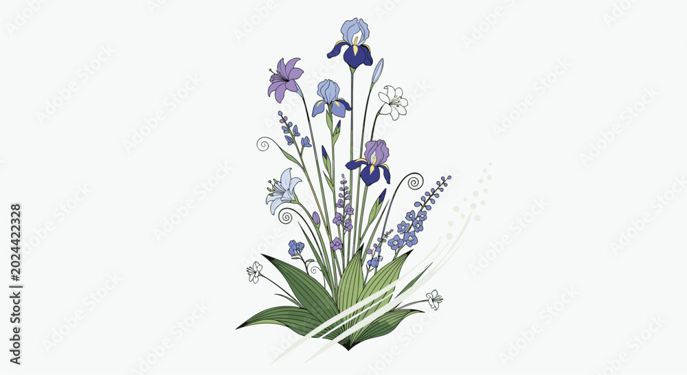 Obraz premium Beautiful bouquet of purple and blue iris flowers with lilies and green leaves isolated on a plain white background.