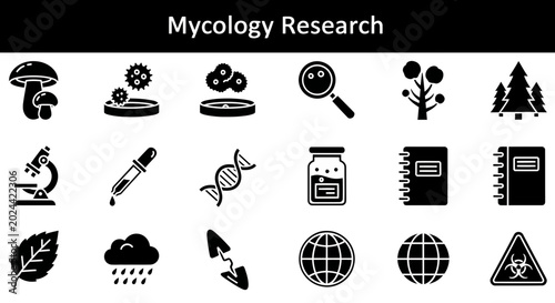 Tableau sur toile A comprehensive set of black and white icons representing various tools, organisms, and concepts used in mycology and general scientific research
