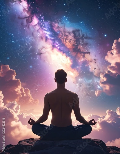 A man meditates on a mountain under a vibrant galaxy sky
