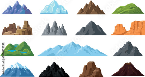 Bild auf Leinwand Mountain Peak Iceberg and Rock Ridge Vector Icon Set with Diverse Landscape Elem