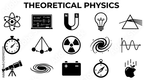 Fotografía A collection of black and white icons illustrating various concepts and symbols associated with theoretical physics and scientific principles