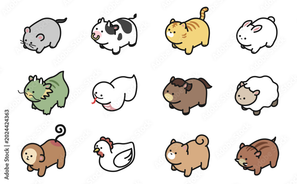 Obraz premium アイソメトリックイラスト：かわいい十二支のイラスト(カラー)