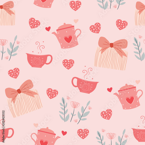 Vector Romantic Tea Time Seamless Pattern with Hearts, Flowers and Gift Boxes on pink soft pastel background