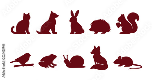 Foto Minimalist animal silhouettes set, 10 dark red vector icons of pets and woodland