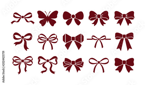 Tableau sur toile Burgundy ribbon bow icons set, 15 elegant gift knot and butterfly vector silhoue