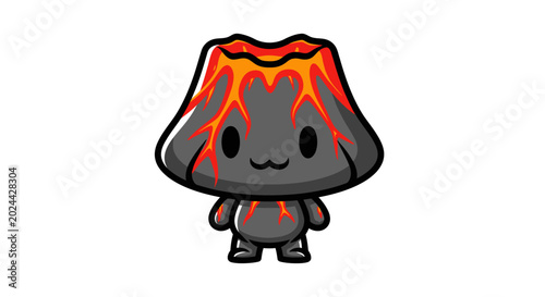 Cute Cartoon Volcano Character with Lava Flow, Kawaii Style