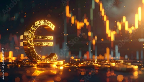 A shiny euro symbol surrounded by coins and a blurred graph