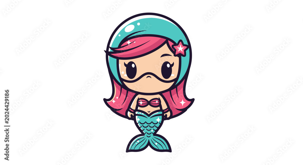 Fototapeta premium Cute Mermaid Character Illustration - Kawaii Style, Pink Hair, Teal Tail, Star Accessory