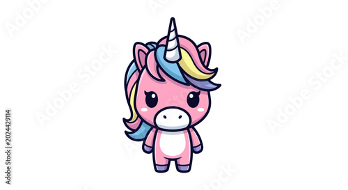 Fényképezés Cute Pink Unicorn Chibi Cartoon Character with Rainbow Mane and Horn