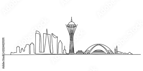 Foto Astana city skyline drawing with one continuous line showing famous buildings an
